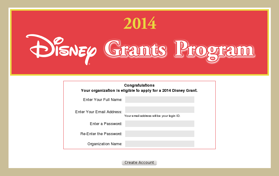 Create account for Disney Grant Program. Slide 7